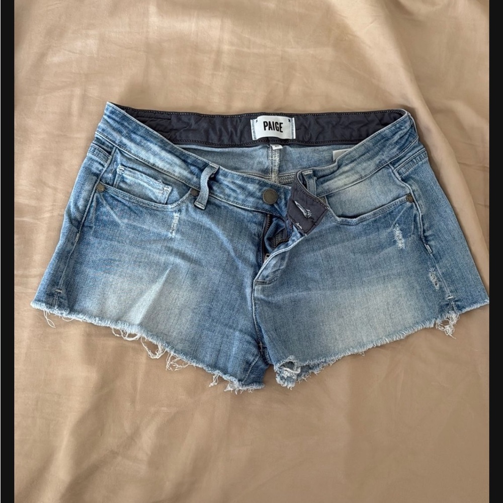 PAIGE Blue Jean Shorts with Distressed Frayed Hem